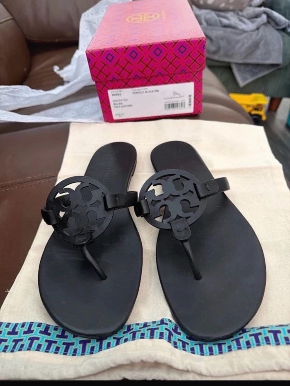 Tory Burch Black Leather Logo Thong Sandals